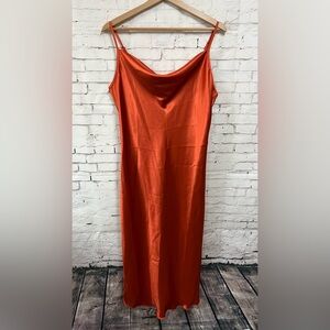 Vintage Y2K Orange BEBE Slip Dress Satin Silky Spaghetti Strap Cowl Neck Large